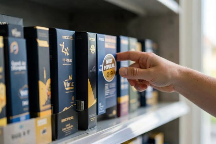 Uma pessoa escolhendo um produto em uma prateleira com várias opções, com um selo de "mais popular" em destaque.