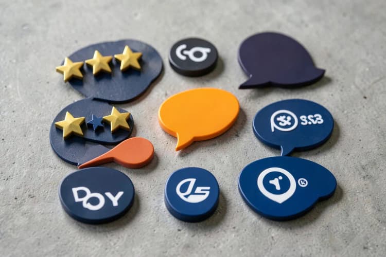 Uma coleção de ícones representando diferentes tipos de provas sociais, como estrelas de avaliação, depoimentos e logos de clientes.
