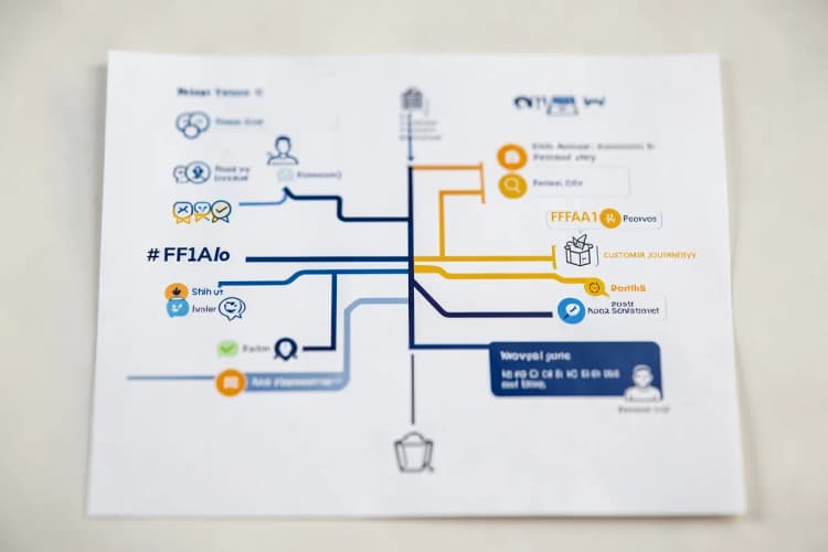 Um diagrama de fluxo mostrando a jornada do cliente, com pontos de prova social integrados em cada etapa.