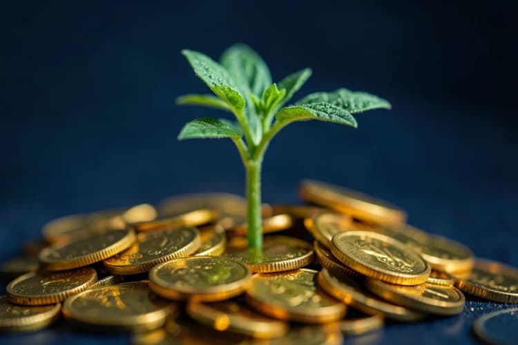 Uma planta crescendo a partir de moedas, simbolizando o retorno sobre investimento em anúncios.