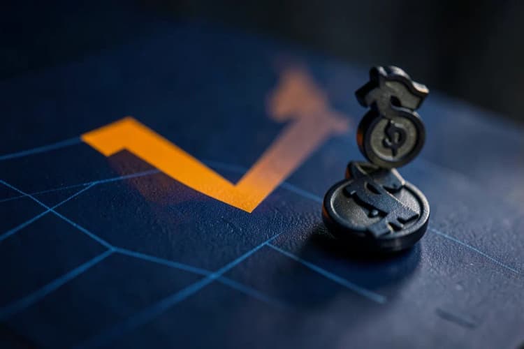 Um gráfico de barras decrescentes com um ícone de dinheiro caindo, simbolizando perda de investimento.