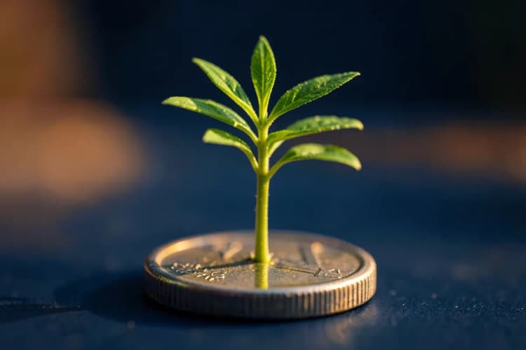 Uma planta crescendo em uma moeda, simbolizando o crescimento do retorno sobre o investimento.