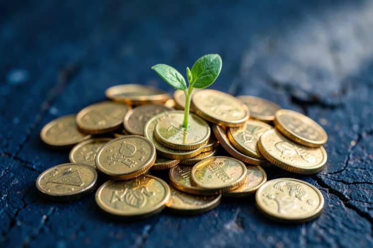 Uma planta crescendo a partir de um monte de moedas de ouro, simbolizando o crescimento e a qualificação de leads.
