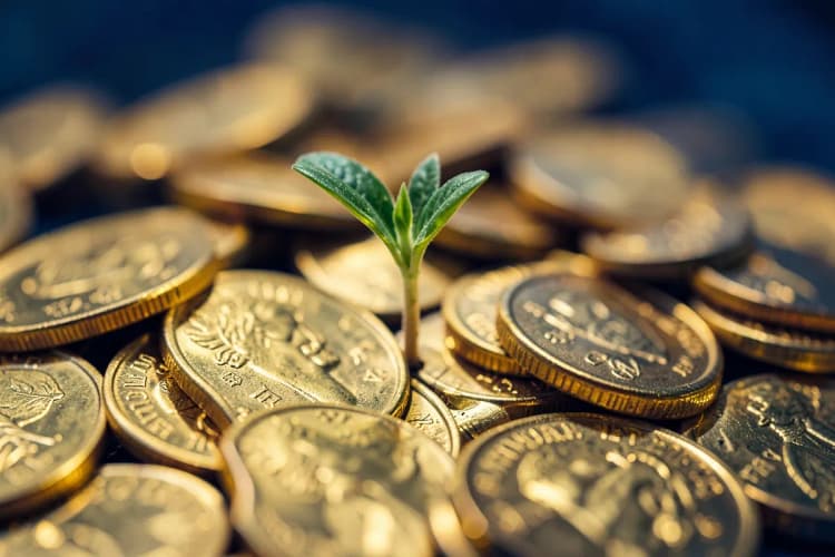 Um close-up de um pequeno broto de planta crescendo de um monte de moedas de ouro.