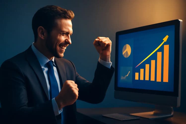 empresário celebrando sucesso com gráficos de crescimento em tela