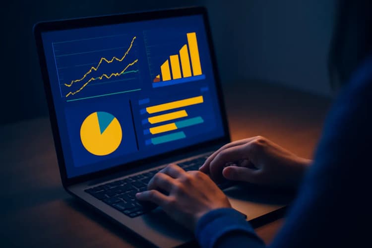 mulher analisando métricas de performance em um laptop, plano detalhe das mãos e tela, luz de monitor