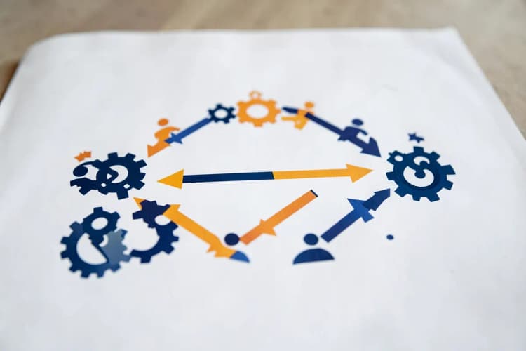 Diagrama comparativo com setas indicando evolução entre versões anteriores do marketing e o Marketing 7.0, com ícones de engrenagens e pessoas.