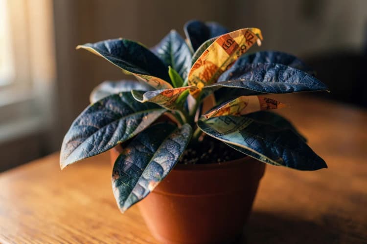 Uma planta de dinheiro crescendo em um vaso com notas de dinheiro.