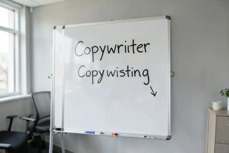 Um quadro branco com as palavras 'Copywriter' e 'Copywriting' escritas, com setas indicando a diferença.