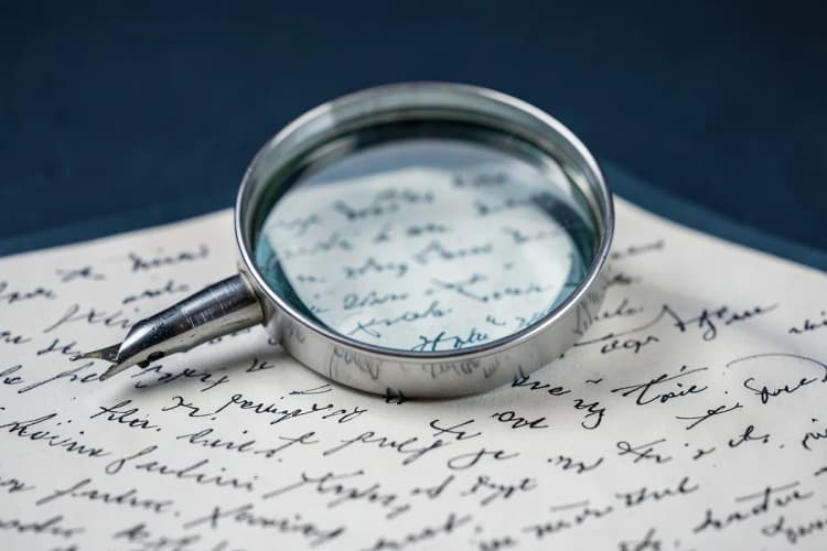 Uma lupa sobre um documento com anotações.