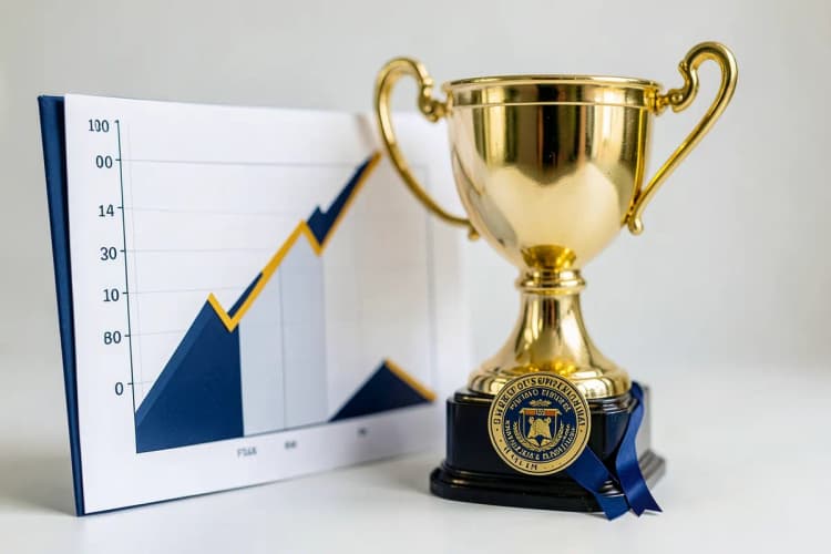 Ilustração de um gráfico de sucesso com um troféu e um selo de aprovação.