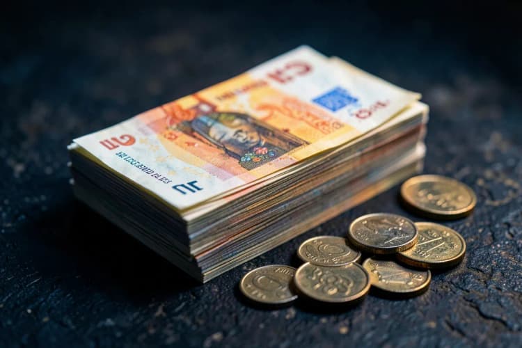 Notas de dinheiro e moedas empilhadas.