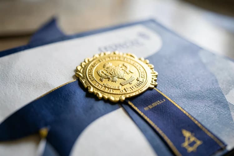 Certificado de conclusão de curso com um selo dourado e fita.