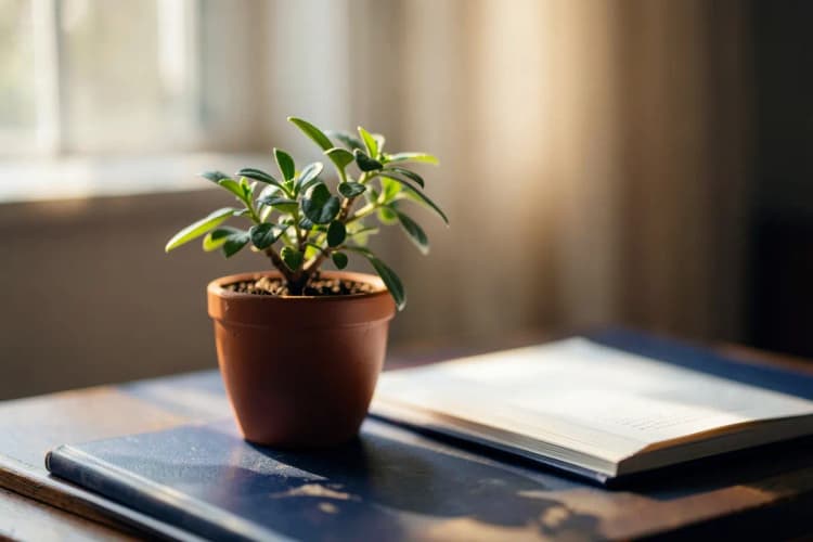 Planta crescendo em um vaso sobre uma mesa com um notebook.